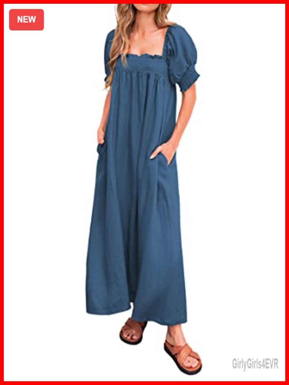 Puff Sleeve Maxi Dress Square Neck Loose Fit Nursing Maternity Casual